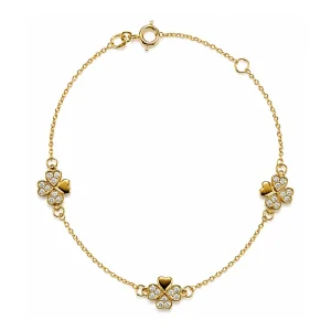 PULSEIRA EM OURO 9K MALHA CADEADO C/ TREVOS E ZIRCONIAS