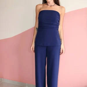 Blusa sem alças drapeada crepe Margot Azul Safira