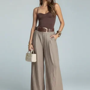 Calça Pantalona Acetinada com Cinto - Social l CAROL ESPAÇO FASHION