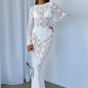 Vestido Longo de Renda Manga Longa - Moda Praia l CAROL ESPAÇO FASHION