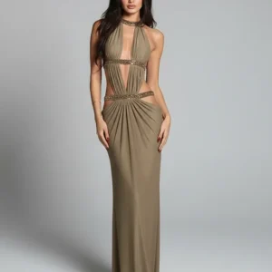 Vestido Longo Decote Profundo com Pedrarias - Moda Festa l CAROL ESPAÇO FASHION