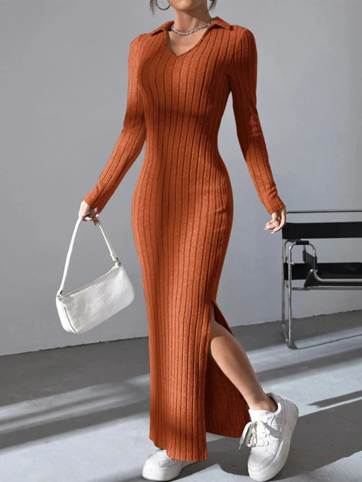 Vestido Tricô Canelado com Gola Polo - Outono Inverno l CAROL ESPAÇO FASHION