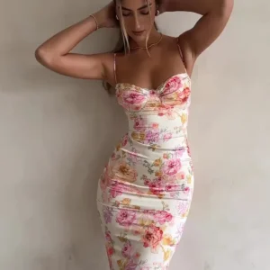 Vestido Midi Floral com Alças Finas - Moda Festa l CAROL ESPAÇO FASHION