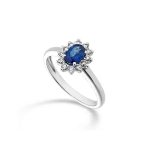 ANEL JOALHARIA EM OURO 19,2K C/ 1 SAFIRA 1,17CT 12 DIAMANTES 0.023CT