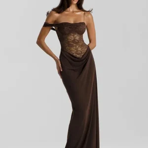 Vestido Longo Marrom Drapeado com Renda - Moda Festa l CAROL ESPAÇO FASHION