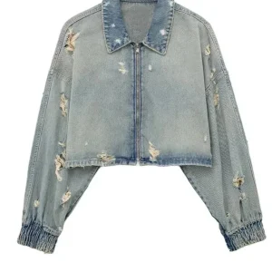 Jaqueta Jeans Feminina Cropped Destroyed - Outono Inverno l  CAROL ESPAÇO FASHION