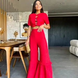 Conjunto Cropped e Calça Vermelho Elegance - Moda Confort l CAROL ESPAÇO FASHION